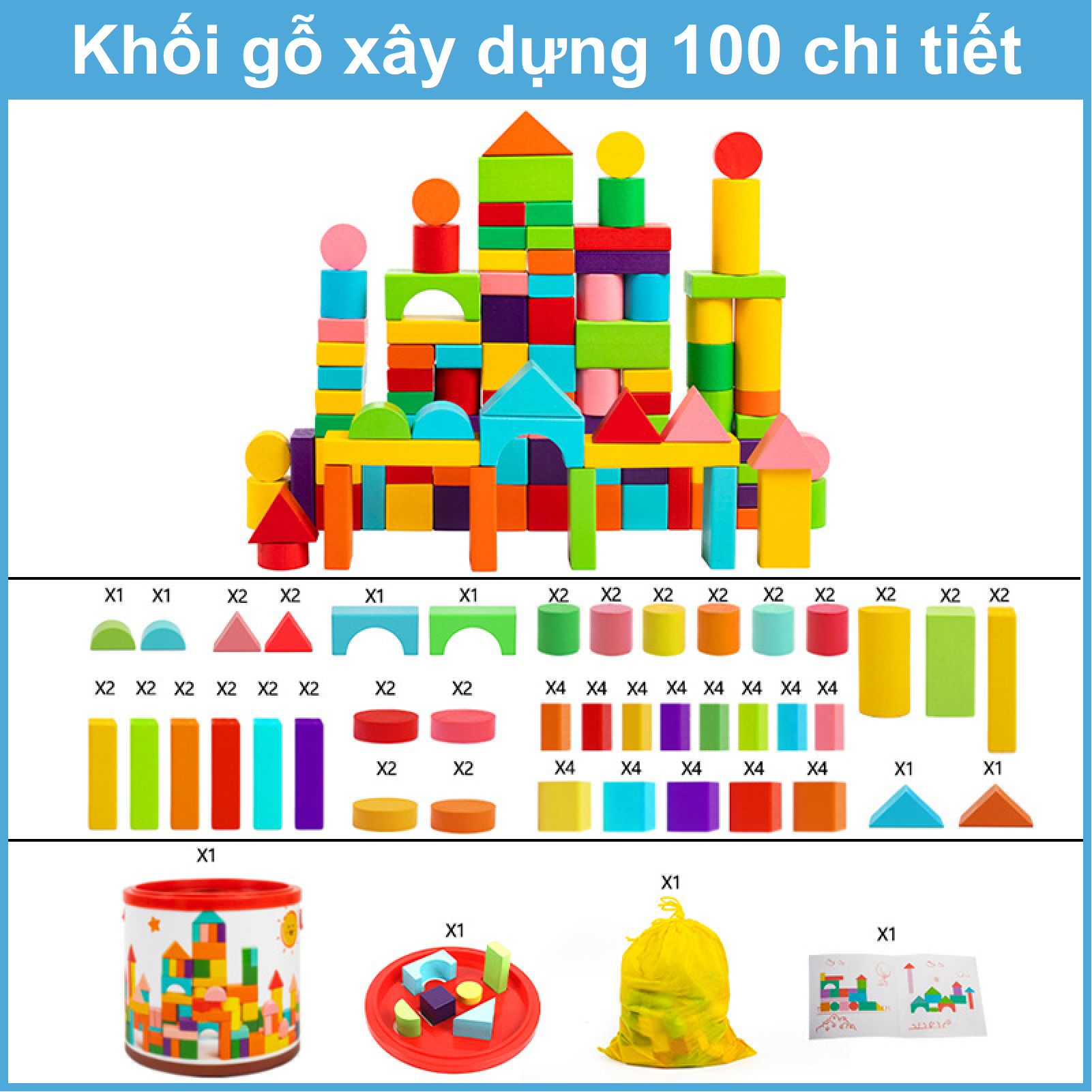 do-choi-go Đồ chơi xây dựng - D&O - XDG1 - 100 khối gỗ nhiều màu