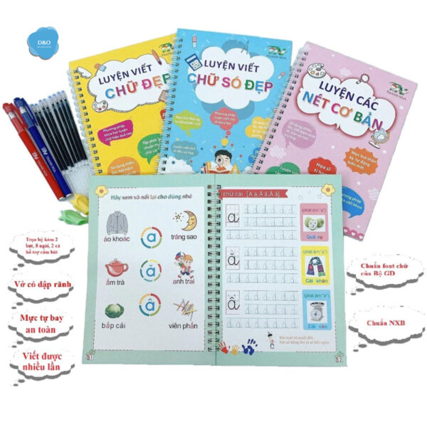 Bộ 3 Quyển Vở Luyện Viết Tự Xoá Tập Tô Chữ Số Cho Bé 3 4 5 Tuổi Mẫu Giáo Tặng 8 Ruột+2 Vỏ Bút + 2 Định Vị Cầm Tay