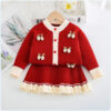 Bộ len cao cấp bé gái màu đỏ mặc Noel - Tết, áo đính nơ len đanh mịn cho bé 8-25kg