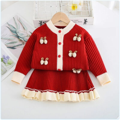 Bộ len cao cấp bé gái màu đỏ mặc Noel - Tết, áo đính nơ len đanh mịn cho bé 8-25kg      