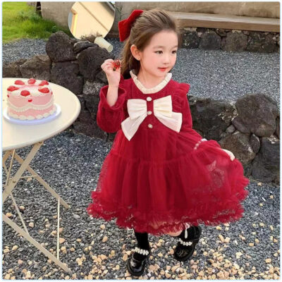 [Đầm Dài Tay Bé Gái] Đầm Bé Gái Thời Trang Nơ Khâu Gạc Đầm Công Chúa 