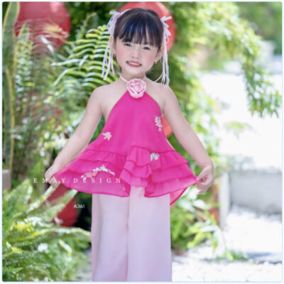 Bộ quần áo cổ yếm cho bé gái lạ mắt đi chơi tết biểu diễn đẹp từ 12-40kg chất vải tơ mát